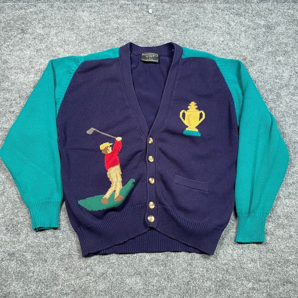 Preswick & Moore Vintage Golf Cardigan Sweater Purple Teal Colorblock Mens Large